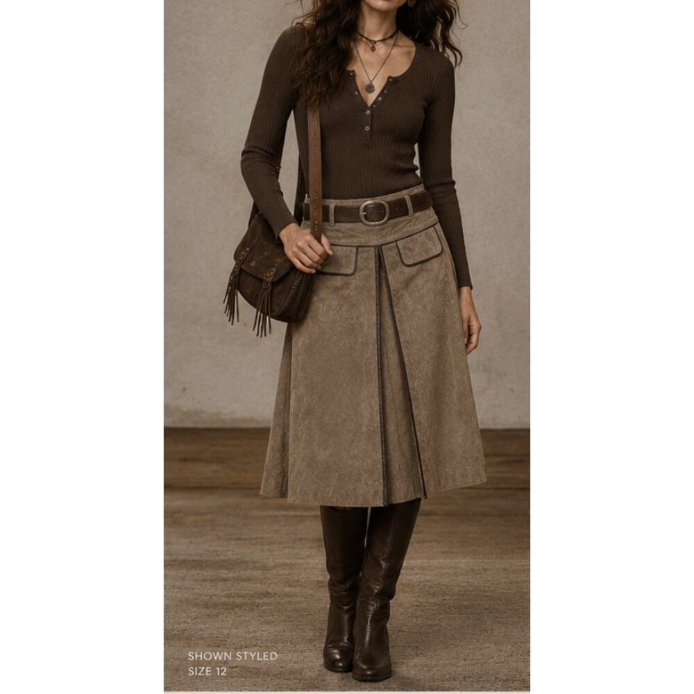 Wilsons Leather Maxima Vintage Suede A-Line Pleated Skirt Size 12 Taupe Khaki
